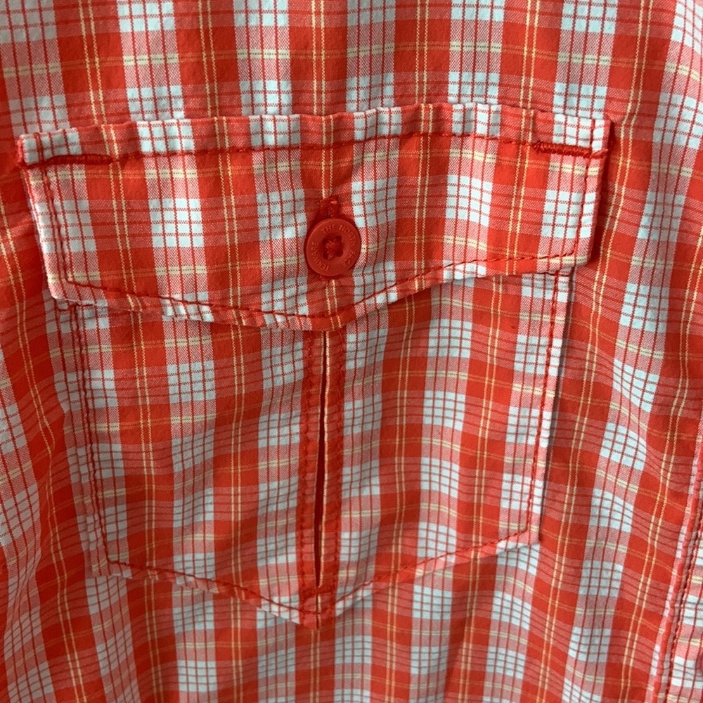 North Face Red Orange & White Plaid Short Sleeve Hiking Top - Picture 4 of 7
